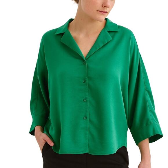 Moussy Green Satin Button-Front Dolman Sleeve Blouse Relaxed Fit One Size - Picture 1 of 7